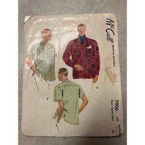 Vintage 1940's McCall #7906 Men's Sport Shirts Size Med 15-15.5"